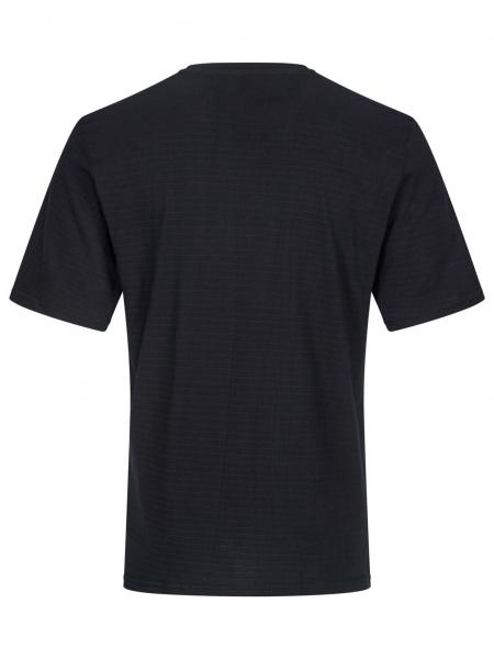 The image shows a black T-shirt from the back. It has short sleeves and a round neckline. The fabric appears smooth and plain without any patterns.