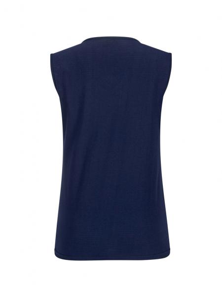 The image displays a sleeveless, dark blue top from the back. It features a round neckline and a straight fit. The surface is smooth and patternless.
