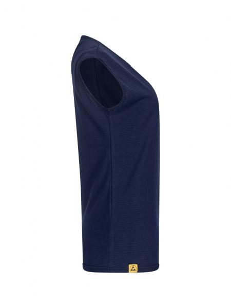 The picture shows a sleeveless, dark blue T-shirt made of a smooth fabric. It has a round neckline and a straight side line. At the bottom, the shirt is adorned with a small yellow logo.