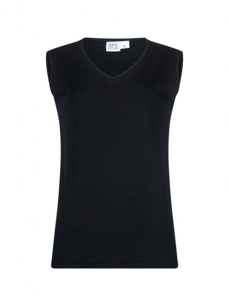 The image shows a sleeveless, black top with a V-neckline. It has a simple, form-fitting shape and appears elegant and versatile.