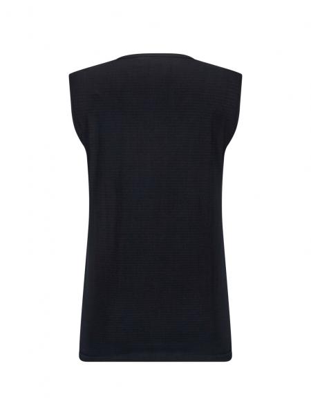 The picture shows a sleeveless, black top from the back. It has a straight fit and a round neckline. The fabric appears to be light and smooth.