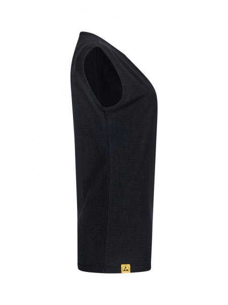 The image shows a sleeveless, black top. It features a simply cut collar and a small yellow brand label at the bottom edge. The surface is smooth and solid-colored.