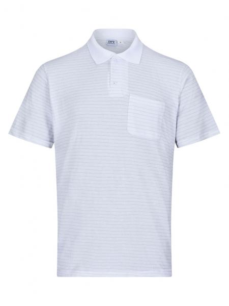 Das Bild zeigt ein hellblaues Polohemd mit kurzen Ärmeln. Es hat feine, gleichmäßige Streifen und eine Brusttasche auf der linken Seite. Der Kragen ist klassisch.