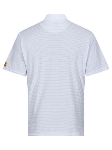 Das Bild zeigt ein hellblaues Polohemd mit feinen, horizontalen Streifen. Es hat einen typischen Kragen und kurze Ärmel. Auf der linken Ärmel-Seite ist ein kleines Logo zu sehen.