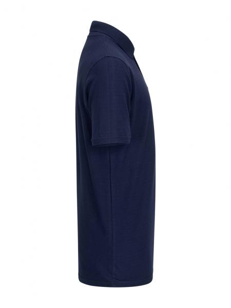 The image shows a navy blue short-sleeved polo shirt. It features a classic collar and a simple, straight cut.