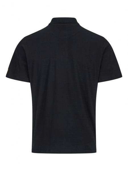 The image shows a black polo shirt from the back. It features short sleeves, a subtle collar line, and a simple, unobtrusive design with no additional embellishments.