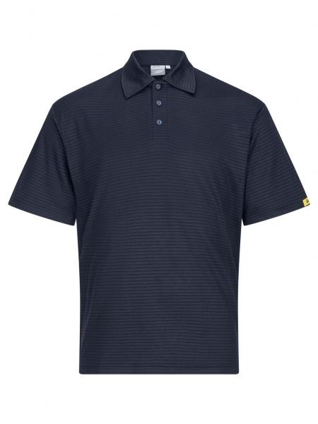 The image shows a short-sleeved polo shirt in navy blue with fine horizontal stripes. It features a classic collar, three buttons, and is made from a comfortable, soft fabric.