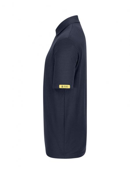The image shows a dark blue polo shirt made from a textured fabric. It has a classic collar, short sleeves, and a yellow logo on the left sleeve.