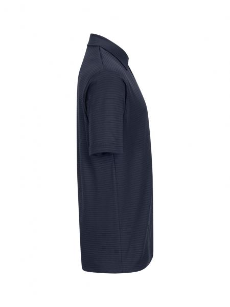 The image shows a dark blue polo shirt from the side. It has short sleeves, a collar, and a slightly textured surface. The shape is straight and casual.