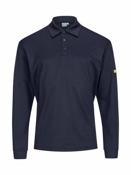 The image shows a dark blue polo shirt with long sleeves. It features a classic collar and fine vertical stripes. There is a yellow detail on the sleeve.