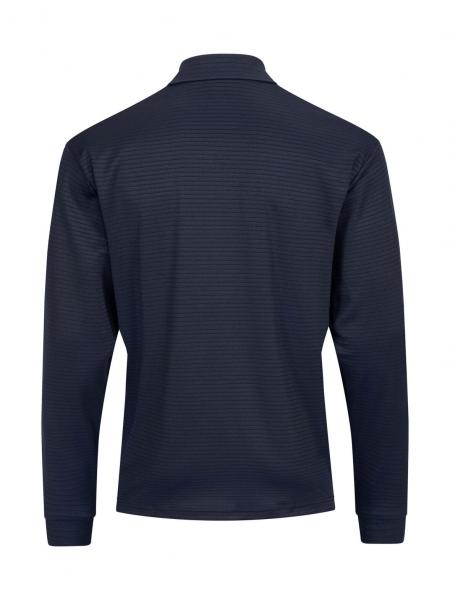 The image shows the rear view of a dark blue long-sleeve shirt with a classic collar. The surface features fine, horizontal stripes. The shirt is simple and elegant.