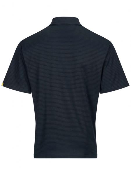 Das Bild zeigt ein schwarzes Poloshirt von hinten. Es hat kurze Ärmel und einen klassischen Kragen. Die Textur ist leicht gestreift, und es gibt ein kleines Logo auf der linken Schulter.