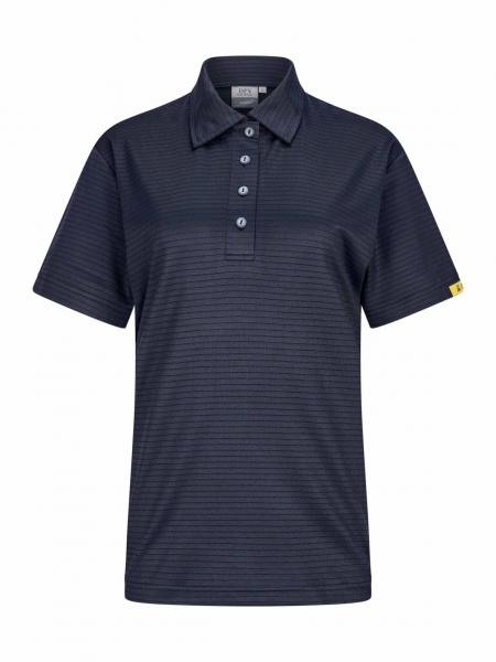 Das Bild zeigt ein kurzes, dunkelblaues Poloshirt mit feinen horizontalen Streifen. Es hat einen klassischen Kragen und drei Knöpfe auf der Vorderseite. An der Seite ist ein gelbes Detail zu sehen.