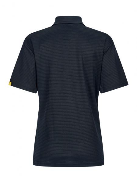 The image shows a black polo shirt made from a lightweight fabric. It has a classic collar and short sleeves. The back is plain with fine textured lines.