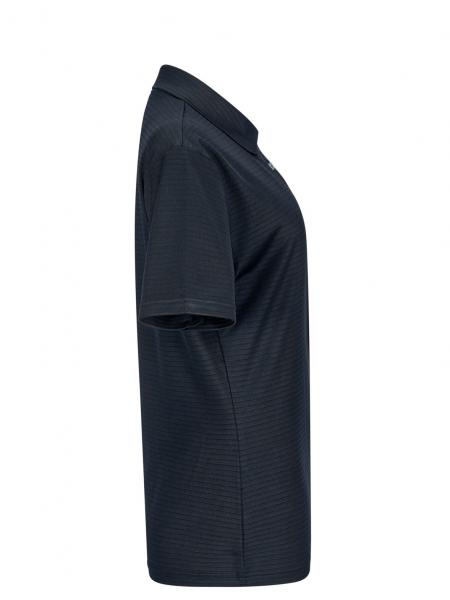 The image displays a black polo shirt from the side. It features short sleeves and a classic collar. The material appears smooth, and the fit is slightly fitted and sporty.