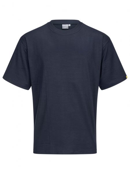 The image shows a dark, short-sleeved T-shirt with fine, horizontal stripes. It features a round neckline and a classic, relaxed fit.