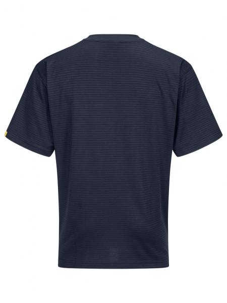 The image shows a dark blue T-shirt with a simple striped pattern. It has short sleeves and a round neckline. The back is visible, with no special details.