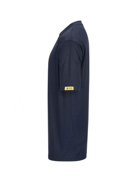 The image shows a black, short-sleeved t-shirt in a side view. It has a smooth texture and a yellow label on one of the sleeves.