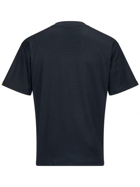The image shows a black T-shirt from the back. It has short sleeves and a straight shape. The fabric is slightly textured with fine stripes. There are no conspicuous embellishments.