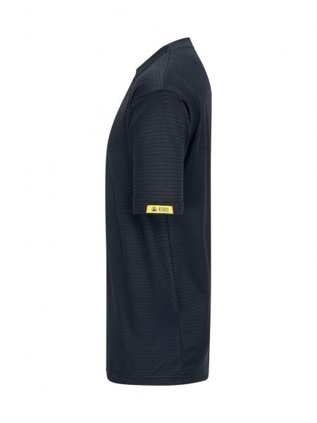 The image displays a dark blue t-shirt with short sleeves, which appears simple and sporty. A yellow label is located on one sleeve. The cut is classic and comfortable.