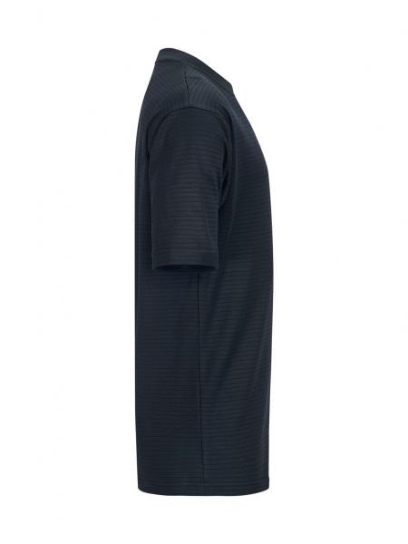 The image shows a black T-shirt from the side. It has short sleeves and a straight cut. The fabric is textured, appearing light and comfortable.