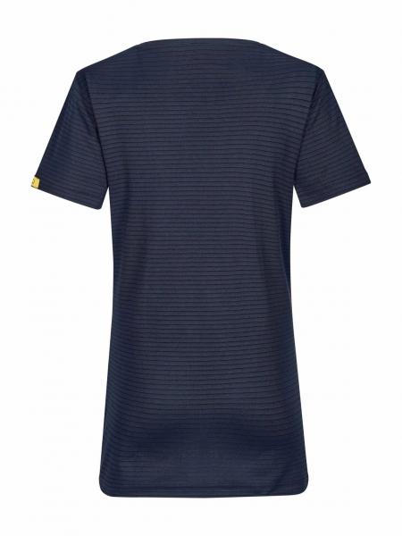 Das Bild zeigt ein dunkelblaues, gestreiftes T-Shirt mit einem weiten Ausschnitt und kurzen Ärmeln. An der linken Seite ist ein kleines gelbes Emblem sichtbar.