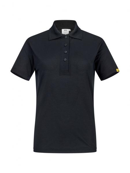 The image shows a black polo shirt with short sleeves and a classic collar. It features three buttons at the front and fine horizontal stripes. There is a yellow logo at the hem.