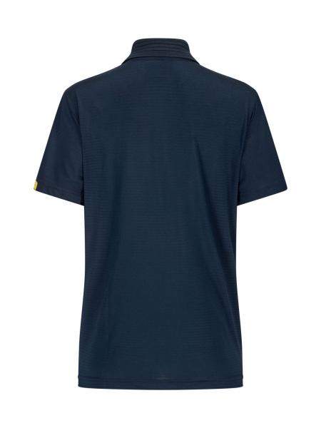 The image shows a solid, dark blue polo shirt from the back. It has a collar and short sleeves, and there is a small logo on the left side. The fabric appears smooth.