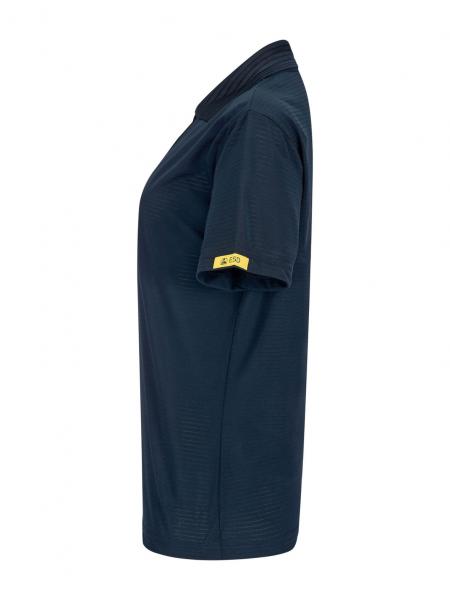 The image shows a navy blue cotton T-shirt. It features a classic cut, short sleeves, and a plain collar. There is a yellow label on one sleeve.