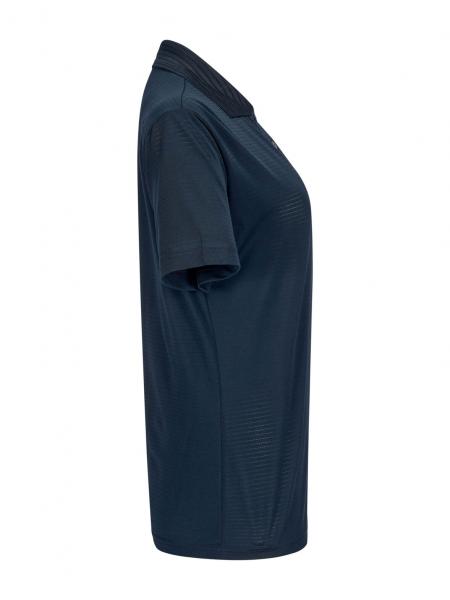 The image shows a sporty, short-sleeved shirt in a dark color. It features a classic collar and a simple, elegant design without any conspicuous patterns.