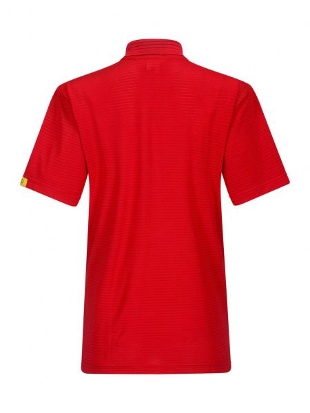 The image displays a red polo shirt from the back view. It features a short collar and short sleeves. There is a small, colored logo on one sleeve. The surface is textured.