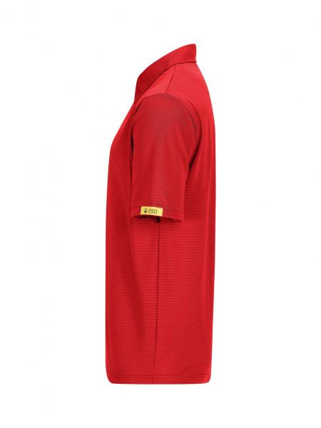 Das Bild zeigt ein rotes Polo-Shirt. Es hat kurze Ärmel und einen klassischen Kragen. Die Oberfläche ist strukturiert mit feinen vertikalen Linien. Am Ärmel befindet sich ein gelbes Label.