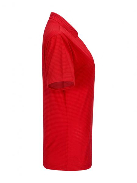 The image shows a red T-shirt with short sleeves and a simple design. It has a straight fit and is made from a smooth, lightweight material.