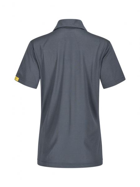 Das Bild zeigt ein graues Poloshirt mit einem schlichten, gestreiften Muster. Es hat kurze Ärmel und einen klassischen Kragen. Die Rückseite ist sichtbar, ohne Details auf der Vorderseite.