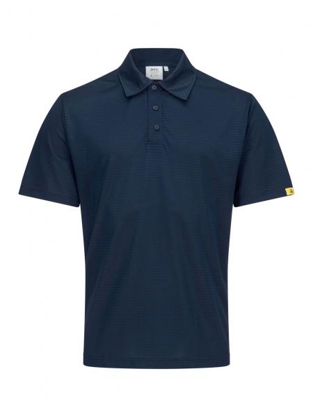 Das Bild zeigt ein dunkelblaues Poloshirt. Es hat kurze Ärmel und einen klassischen Kragen mit drei Knöpfen. Am linken Ärmel befindet sich ein gelbes Logo.