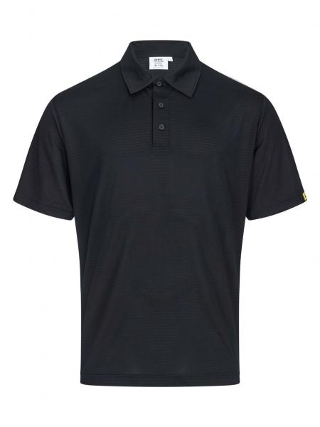 The image displays a black polo shirt. It features short sleeves, a classic collar, and three buttons on the front. The fabric appears smooth and casual.