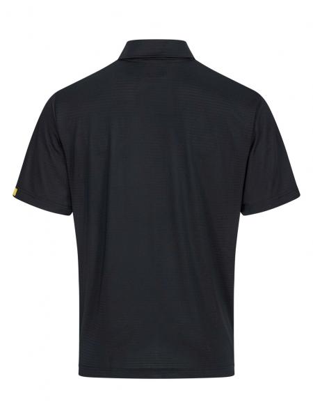 The image shows a black polo shirt from the back. It features a classic collar and short sleeves. The fabric appears smooth and could be suitable for leisure or sports activities.