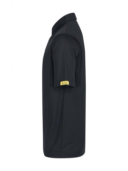 The image shows a black polo shirt with short sleeves, a collar, and a yellow label on one sleeve. It is in a slim fit and solid color.