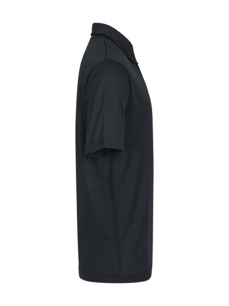 The image displays a black polo shirt presented from the side. It features short sleeves, a classic collar, and a straight fit. The surface is smooth.