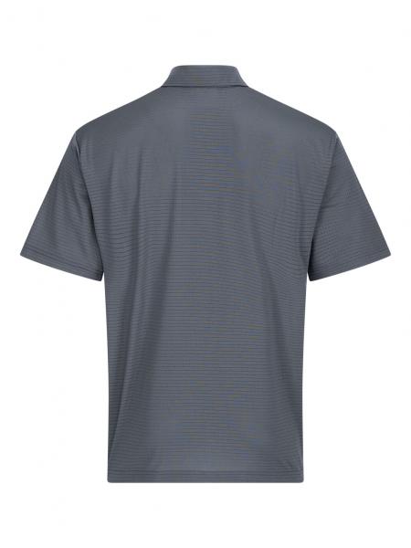 Das Bild zeigt ein graues Poloshirt aus einem leicht strukturierten Material. Es hat kurze Ärmel und einen klassischen Kragen, mit schmalen, horizontalen Linien im Stoffdesign.