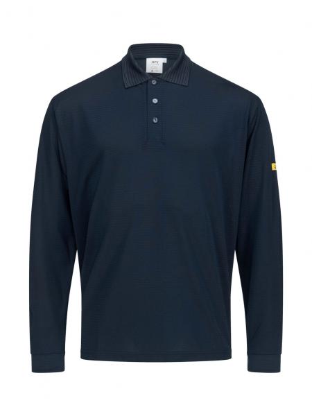 Das Bild zeigt ein langärmliges Polohemd in dunklem Blau. Es hat einen klassischen Kragen mit drei Knöpfen und eine farbige Applikation am Ärmel. Das Material wirkt lässig und sportlich.