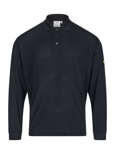 The image shows a black long-sleeve polo shirt. It features a classic collar and three buttons on the front. The fabric has fine, vertical lines.
