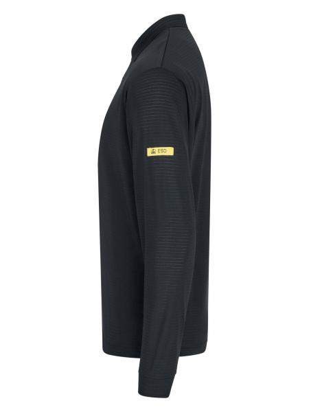 The image shows a black long-sleeve shirt made from a lightweight, textured fabric. It features a stand-up collar and a simple, elegant shape. There is a yellow logo on one sleeve.