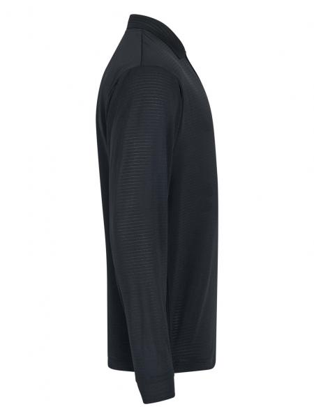 The image displays a black, long-sleeved top made from a smooth material. The collar is high and the design is simple, without any conspicuous decorations.