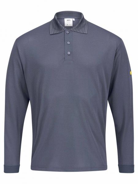 Das Bild zeigt ein langärmliges, dunkelgraues Poloshirt. Es hat einen klassischen Kragen und drei Knöpfe. Die Oberfläche ist leicht strukturiert. Ein kleines gelbes Logo ist an einem Ärmel.
