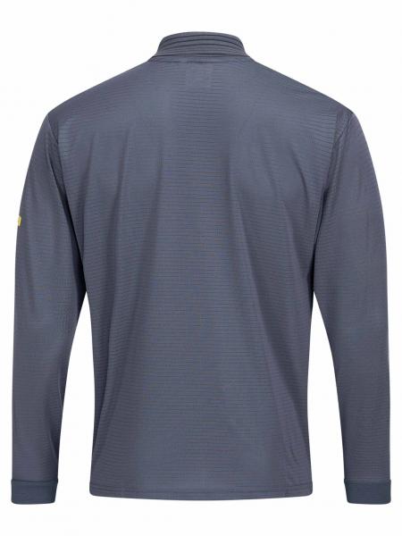 Das Bild zeigt das Rückteil eines grauen Langarmshirts. Es hat einen Stehkragen und ist schlicht, ohne auffällige Muster oder Designs. Die Ärmel sind lang und eng geschnitten.