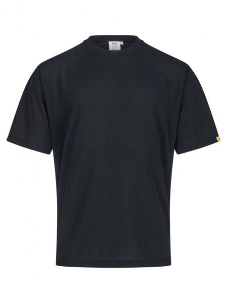 The image shows a simple, black short-sleeved T-shirt. It has a round neckline and is made of smooth fabric. It appears sporty and casual.