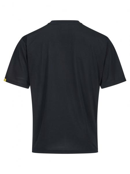 The image shows a simple, black t-shirt from the back. It has short sleeves and a straight cut. On one sleeve, there is a yellow logo or print.