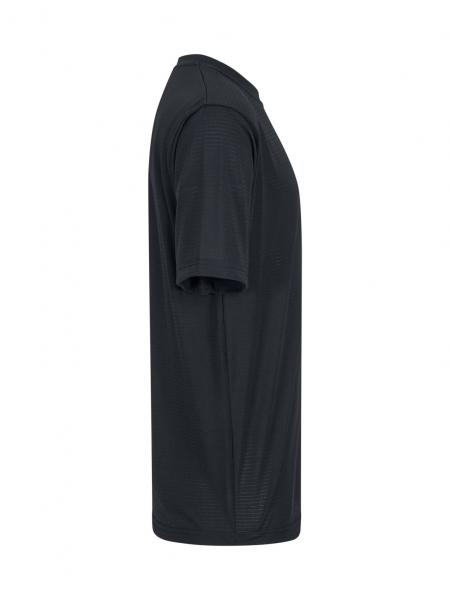 The image shows a black T-shirt in a side view. It has short sleeves, a round collar, and a simple, straight shape without any noticeable patterns or details.