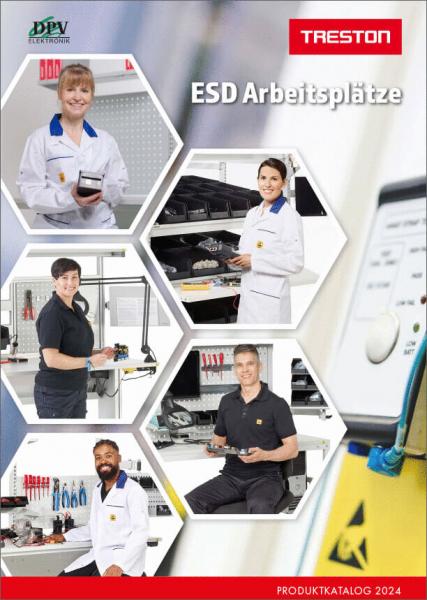 The image shows several people in work clothes at ESD workstations. They are holding tools or devices. In the background, you can see shelves with tools. The top reads "ESD Workstations".